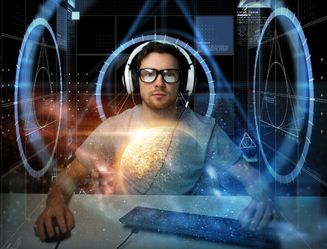 man in headset with computer virtual projections