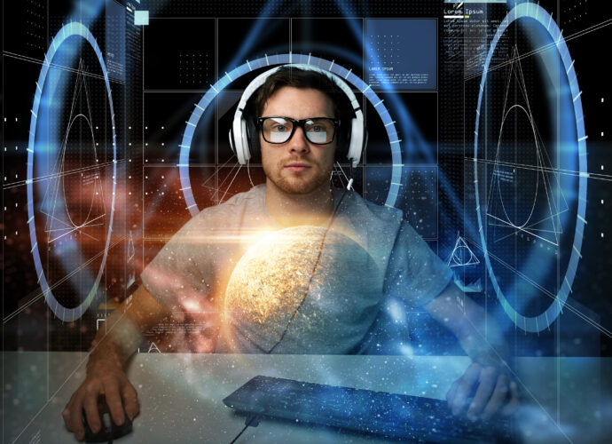 man in headset with computer virtual projections