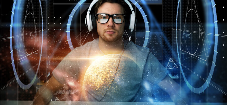 man in headset with computer virtual projections