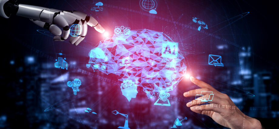 a robot hand and a human hand touching an computer animated brain