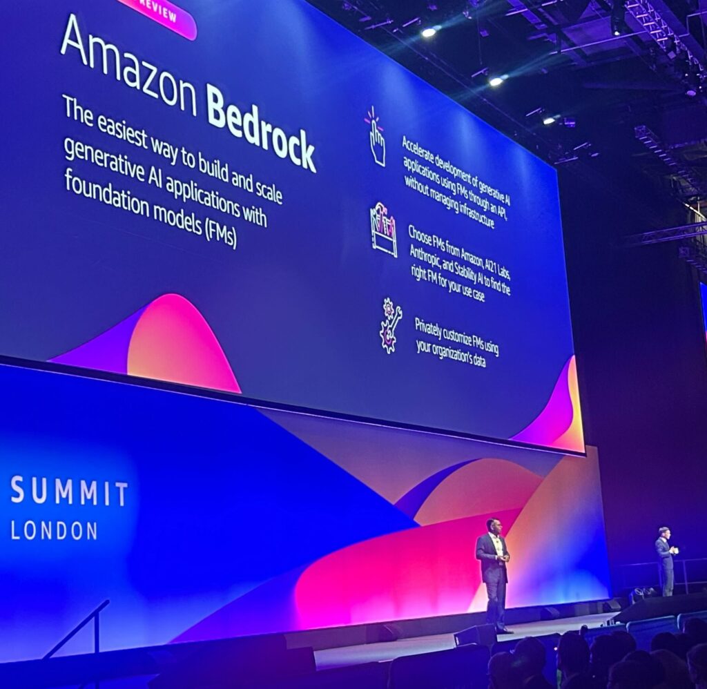 Swami Sivasubramanian speaking on the main stage in London to talk about generative AI.