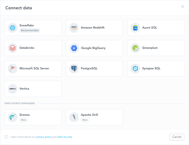 GoodData connects with common data sources like Snowflake and Amazon Redshift